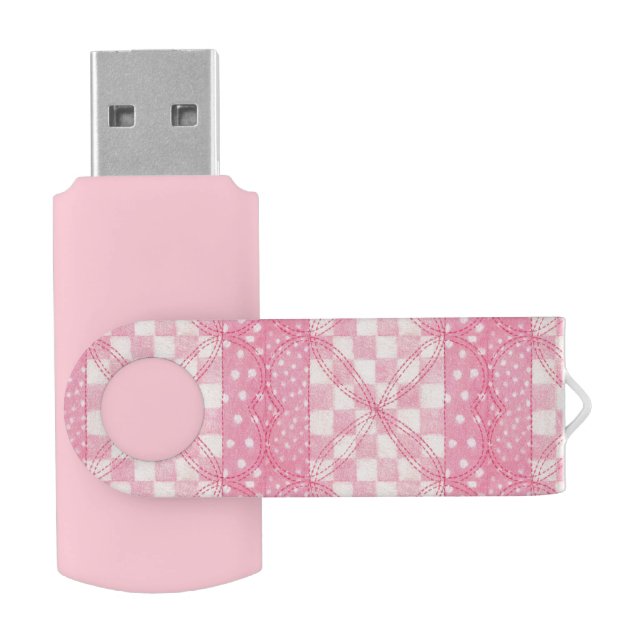 PINK HEART QUILT USB Swivel Flash Drive / Pink (Opened)