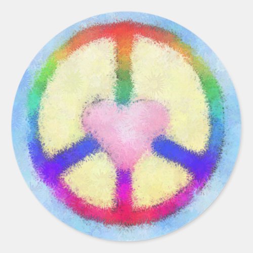 Pink Heart Rainbow Peace Sign Classic Round Sticker