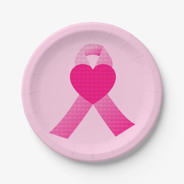 Pink Heart Ribbon Breast Cancer Awareness Custom Paper Plates (Front)