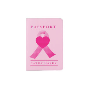 Pink Heart Ribbon Breast Cancer Awareness Custom Passport Holder