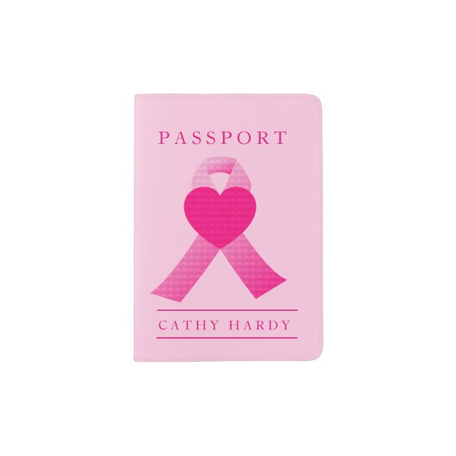 Pink Heart Ribbon Breast Cancer Awareness Custom Passport Holder (Front)