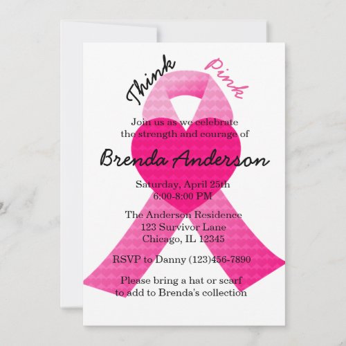 Pink Heart Ribbon Breast Cancer Awareness Party Invitation