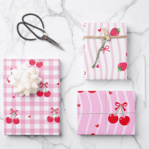 Pink Heart Ribbon Cherries Wrapping Paper Sheets
