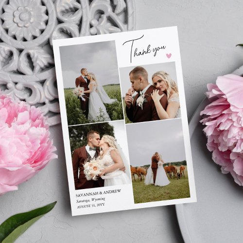 Pink Heart Romantic Wedding Photos Thank You Note