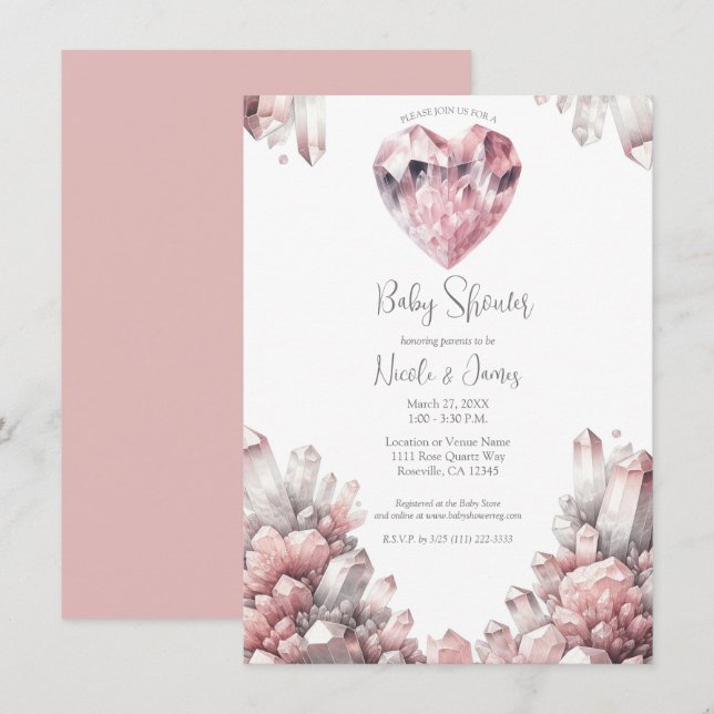 Pink Heart Rose Quartz Love Crystal Baby Shower Invitation (Front/Back)