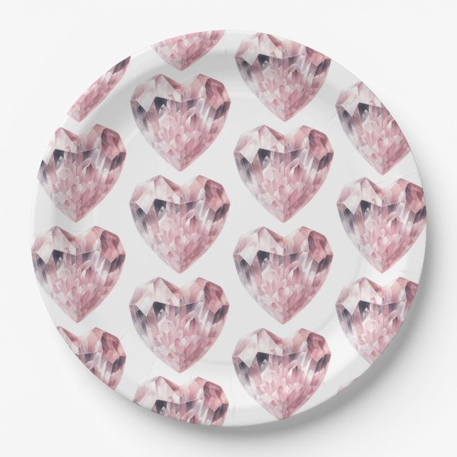 Pink Heart Rose Quartz Love Crystal Party Paper Plates (Front)