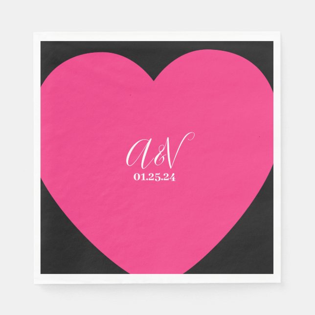 Pink Heart Script Couples Date Wedding Napkins (Front)