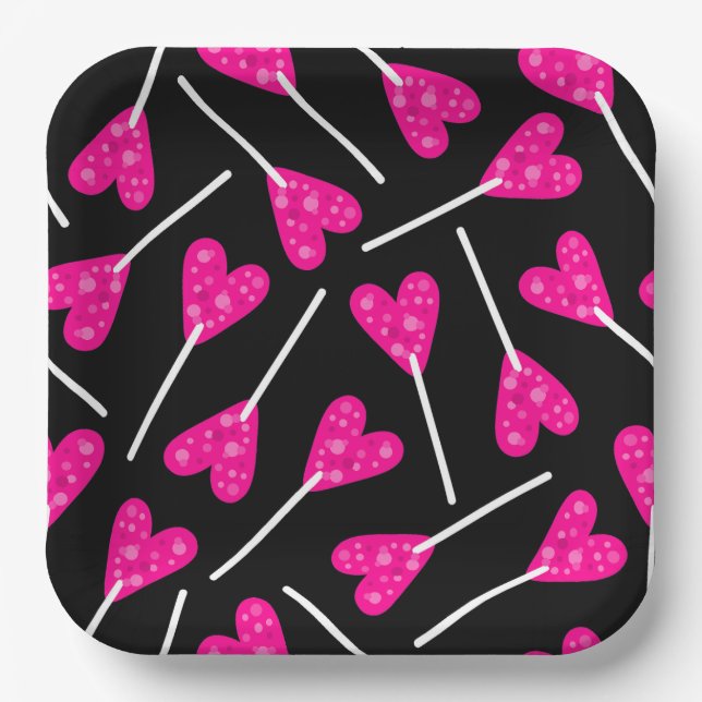 pink heart shape lollipop candy black paper plates (Front)