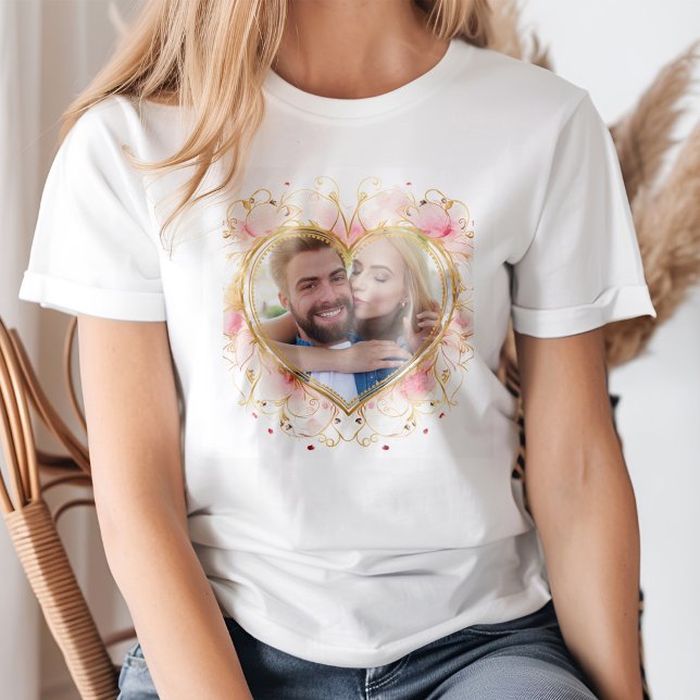 Pink Heart Shape Photo Frame Valentine's Day T-Shirt (A young blond woman wearing a Pink Heart Shape Photo Frame Valentine's Day T-Shirt.)