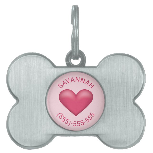 Pink Heart Shape With Name And Phone Number Pet ID Tag (Front)