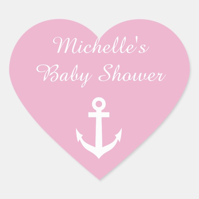 Pink heart shaped baby shower stickers with anchor (Front)
