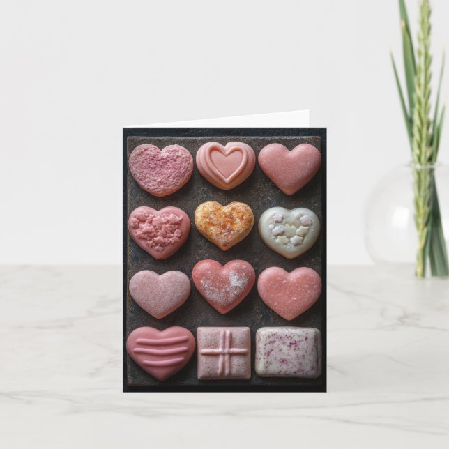 Pink heart shaped chocolates  Valentine's Greeting Card (Front)
