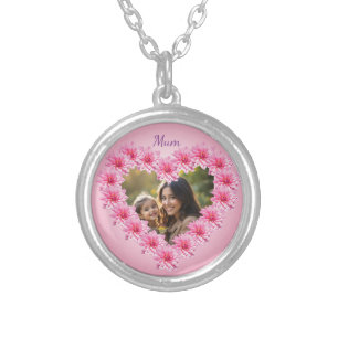 Pink heart-shaped dahlia blossoms, custom photo silver plated necklace
