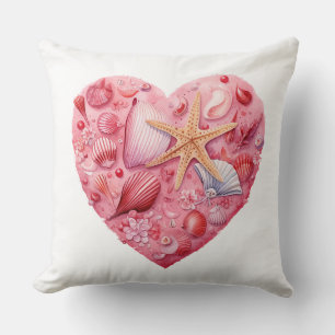 PINK HEART SHAPED SUMMER SEASHELL STILL LIFE THROW PILLOW