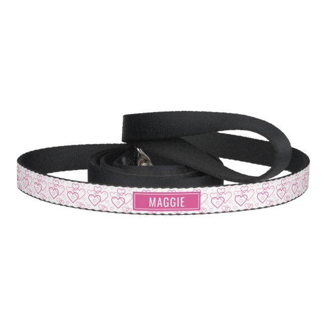 Pink Heart Shapes Pattern & Personalized Pet Name Pet Leash (Handle)