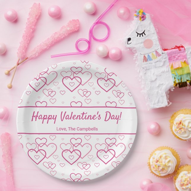 Pink Heart Shapes Pattern & Text - Valentine's Day Paper Plates (Party)