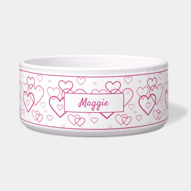 Pink Heart Shapes Pattern With Custom Name Bowl (Front)