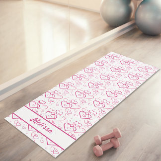 Pink Heart Shapes Pattern With Custom Name Yoga Mat