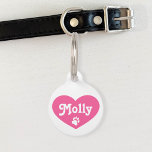 Pink Heart Silhouette With Name And Number Pet ID Tag<br><div class="desc">Simple pink heart shaped silhouette. Inside the heart there is a white paw print with a customizable name field on one side and on the other side there is a customizable text area for a phone number.</div>