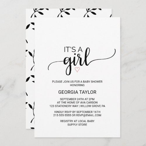 Pink Heart  Simple Black Calligraphy Its A Girl Invitation