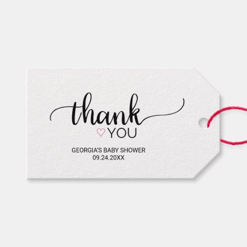 Pink Heart  Simple Black Calligraphy Thank You Gift Tags