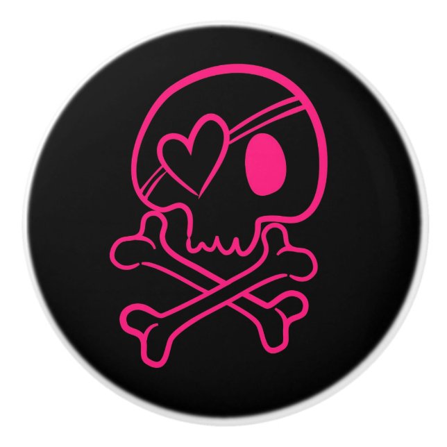 Pink Heart Skull and Crossbones Ceramic Knob (Front)