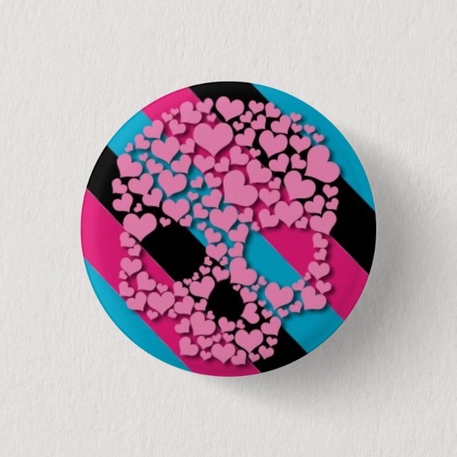 Pink Heart Skull on Stripes Pinback Button (Front)