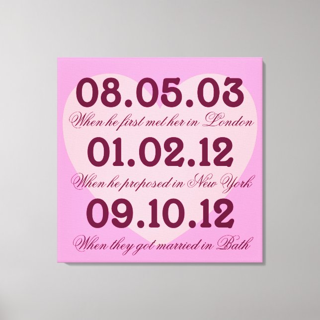 Pink Heart Special Dates Stretched Canvas (Front)