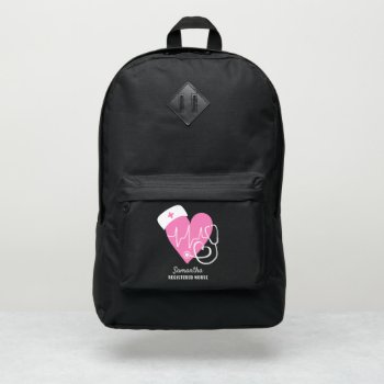 Pink Heart Stethoscope Medical Nurse Name Port Authority® Backpack by girly_trend at Zazzle