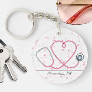 Pink Heart Stethoscope on Pink Glitter Monogram  Keychain