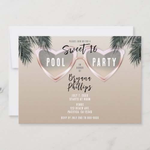 Pink Heart Sunglasses Chic Sweet 16 Pool Party Invitation