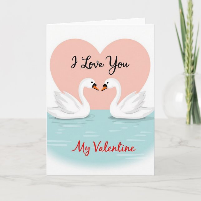 Pink Heart Swans Love Card (Front)