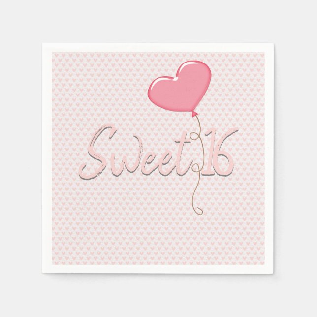 Pink Heart Sweet 16 Balloon Napkins (Front)