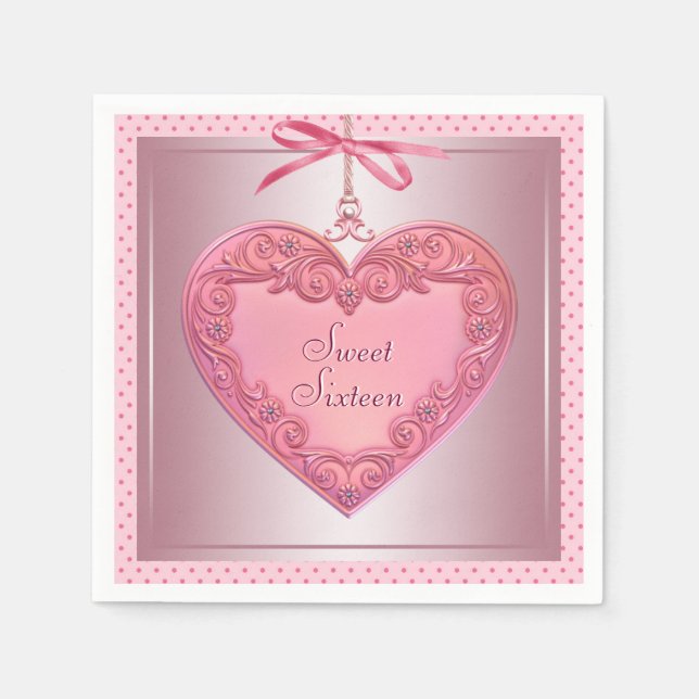 Pink Heart Sweet 16 Birthday Party Napkins (Front)