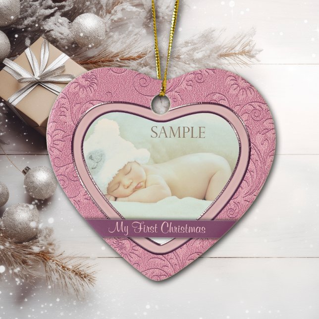 Pink Heart Swirl Baby First Christmas Ceramic Ornament (Creator Uploaded)