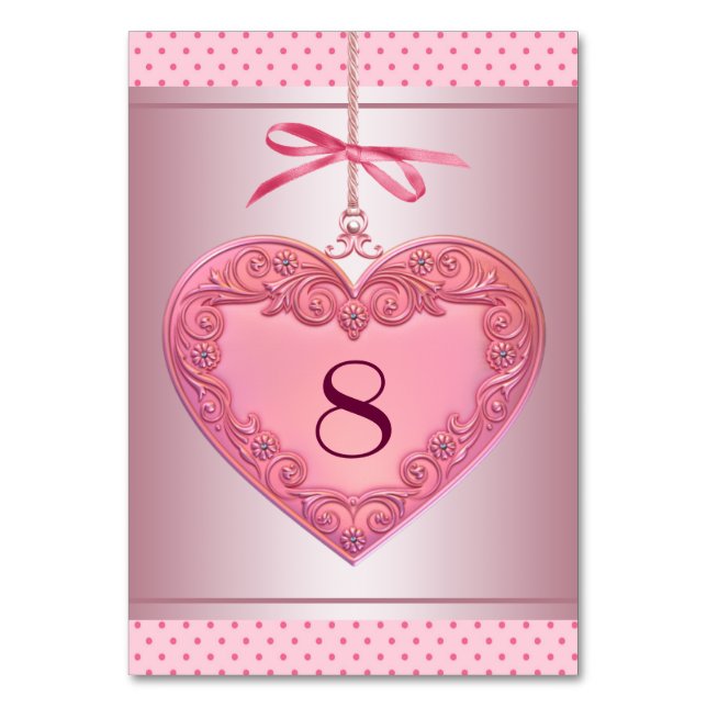 Pink Heart Swirl Dot Pink Table Number (Front)
