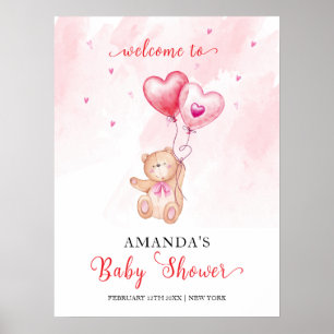 Pink Heart Teddy Bear Balloon Baby Shower Welcome Poster