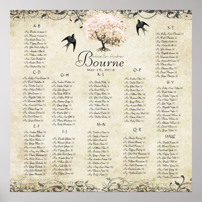 Pink Heart Tree- 100 to 150 guests - alphabetical Poster (Front)