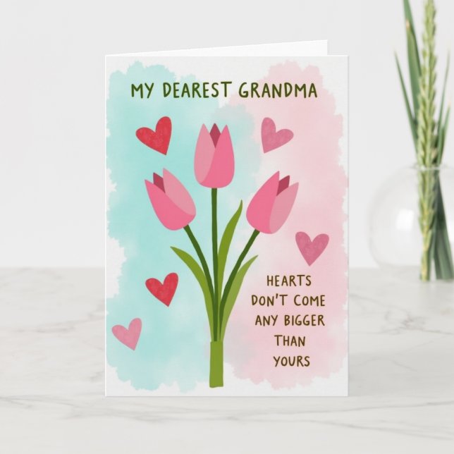 Pink Heart Tulips Grandma Card (Front)