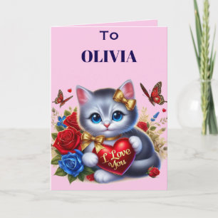 Pink heart valentine animal granddaughter holiday card