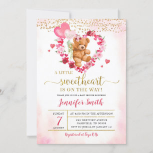 Pink Heart Valentine Bear Baby Shower Invitation