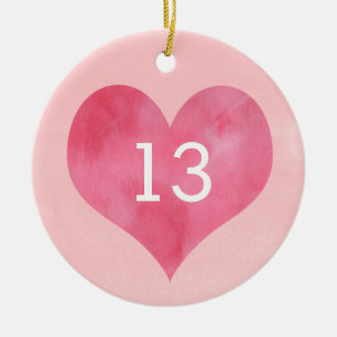 Pink Heart Watercolor 13th Birthday Ceramic Ornament