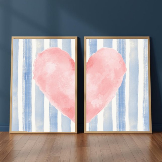 Pink Heart Watercolor, Aesthetic Blue Stripes Wall Art Sets (Creator Uploaded)