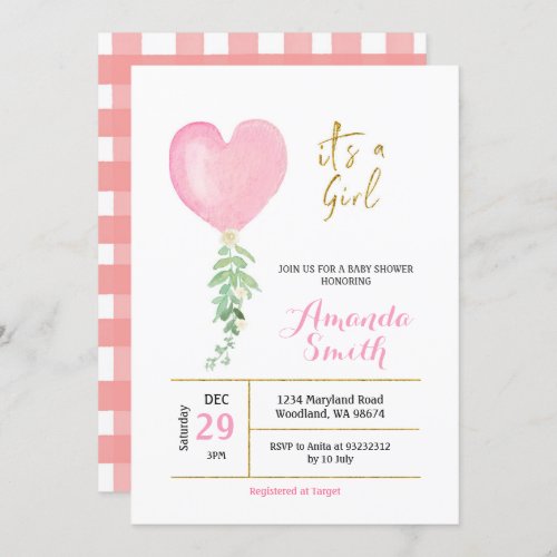 Pink Heart Watercolor Balloon Girl Baby Shower Invitation