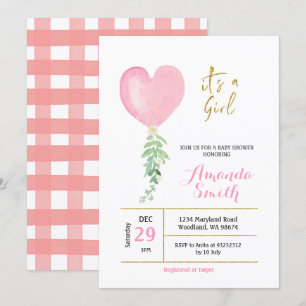 Pink Heart Watercolor Balloon Girl Baby Shower Invitation