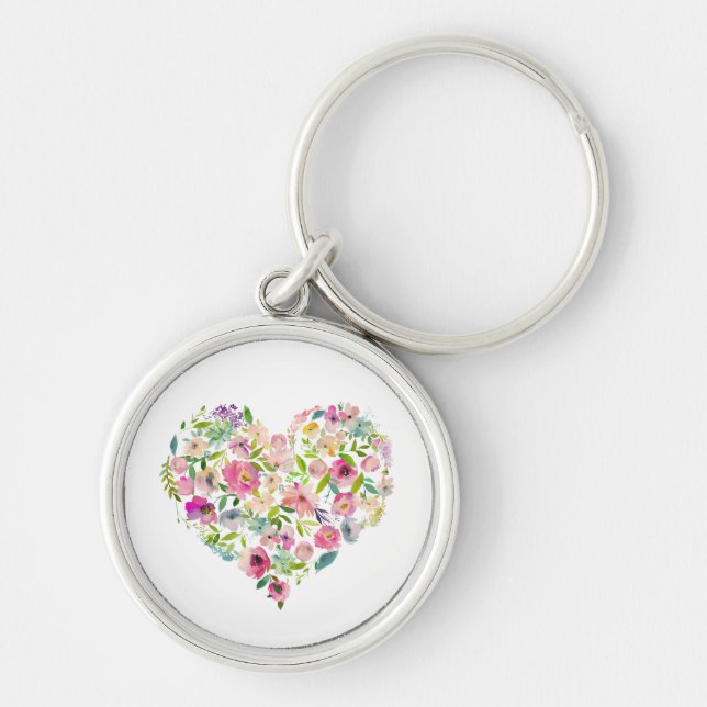 Pink Heart Watercolor Floral Love Elegant Her Keychain (Front)