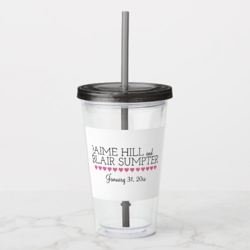 Pink Heart Wedding Logo Acrylic Tumbler with Straw