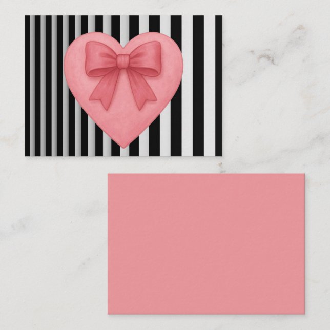 Pink heart with bow black&white striped background note card (Front/Back)