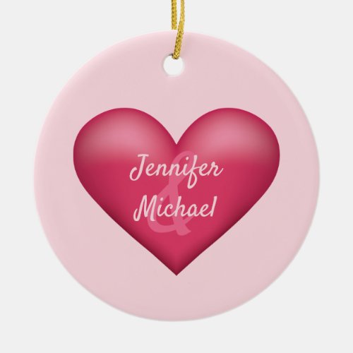 Pink Heart With Custom Couple Names Ceramic Ornament