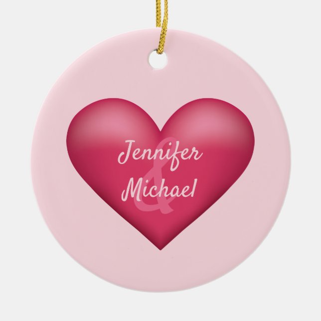 Pink Heart With Custom Couple Names Ceramic Ornament (Front)